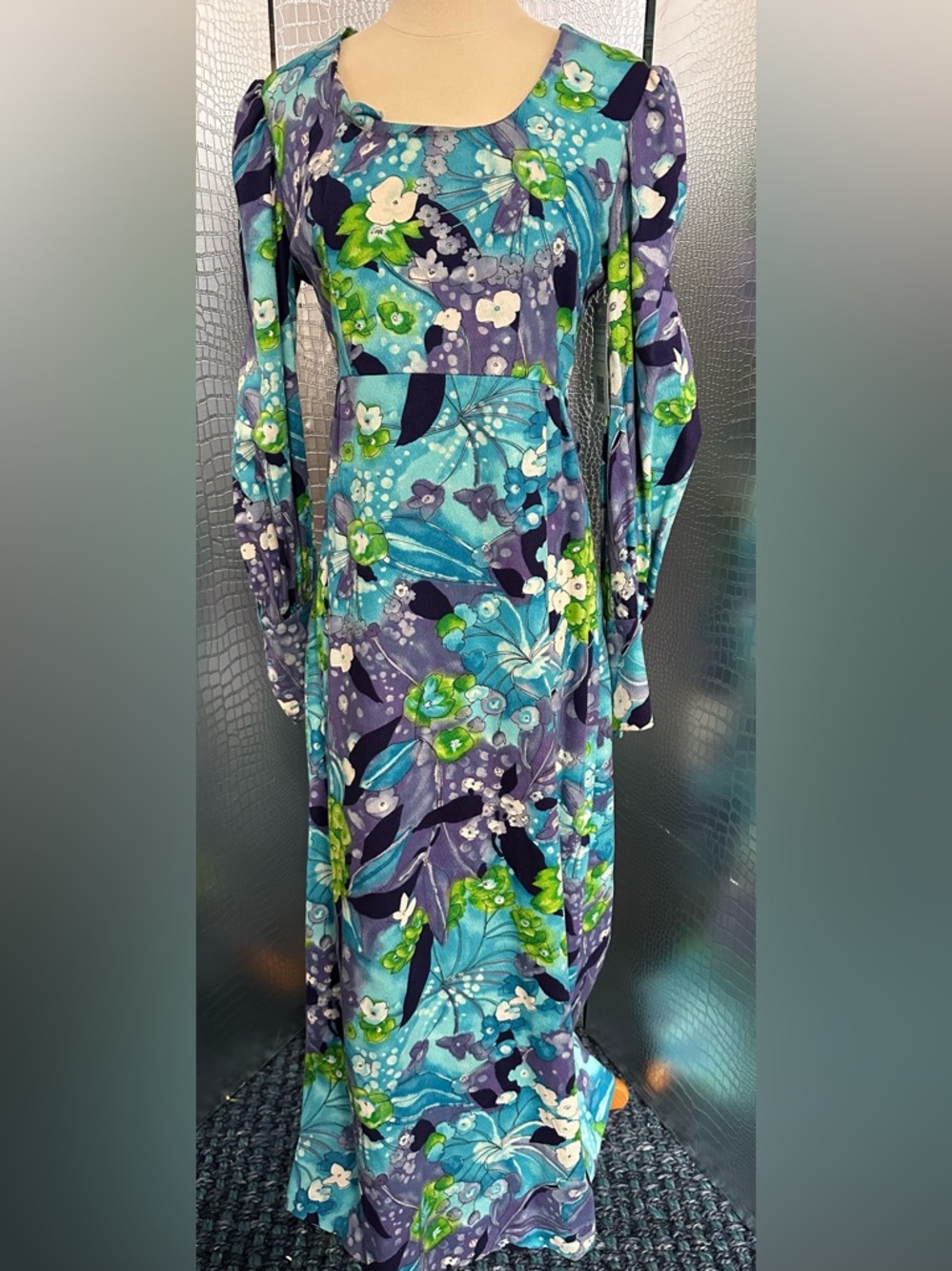 Vintage Long Sleeve Floral Maxi Dress in Teal, Purple & Lime - Picture 1 of 10